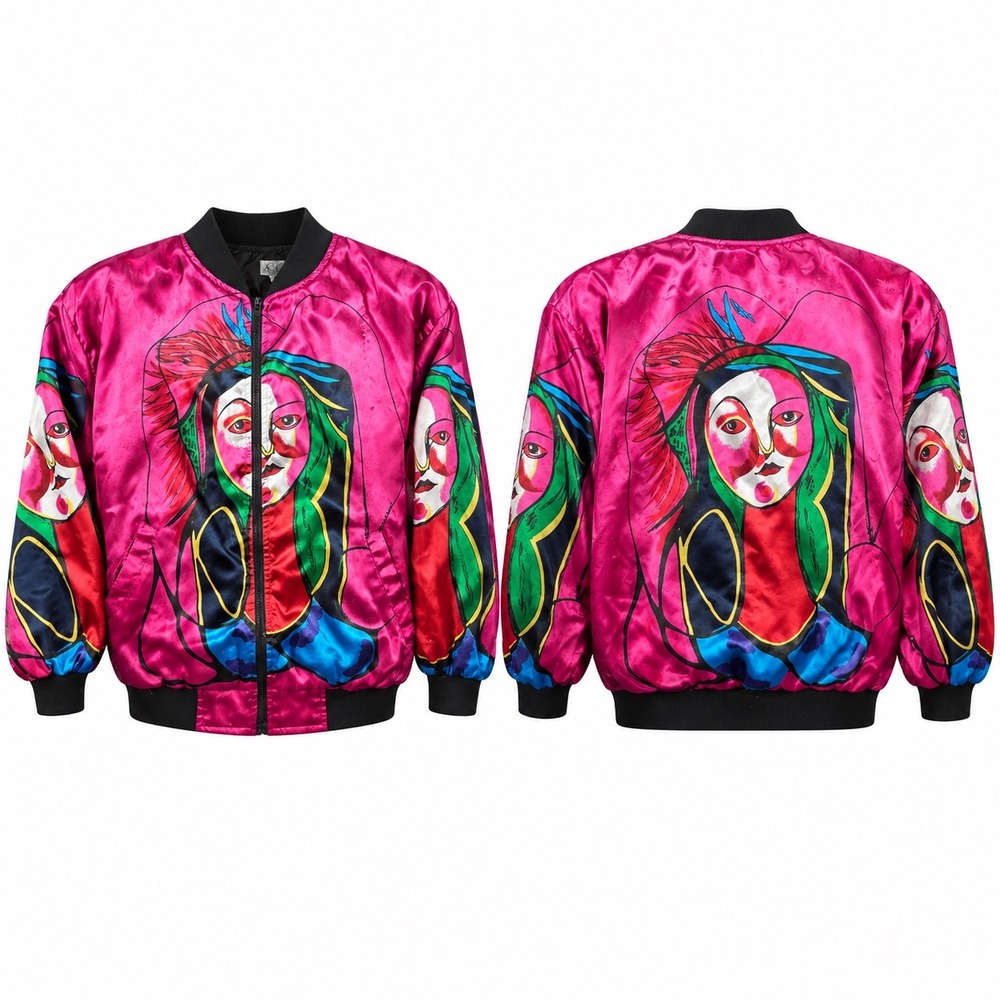 Gloria Vanderbilt Bomber Jacket Women S Pink Pop Art Face Graphic Vintage Zip Up